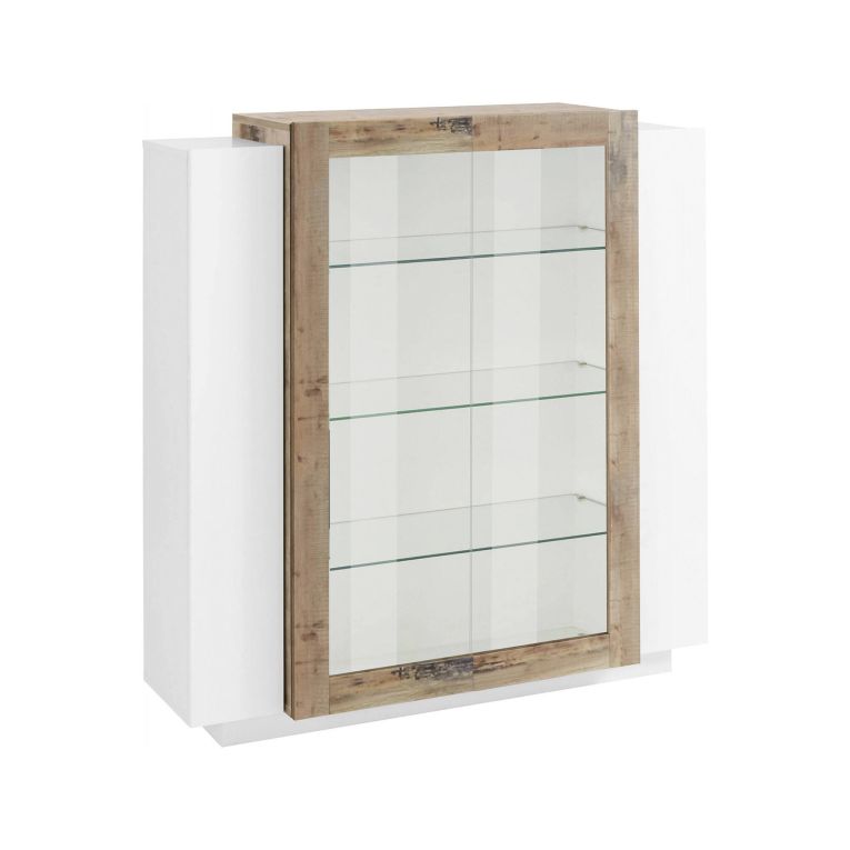 Vetrina Dlamagn, cm 120x45h115, Bianco lucido e Acero