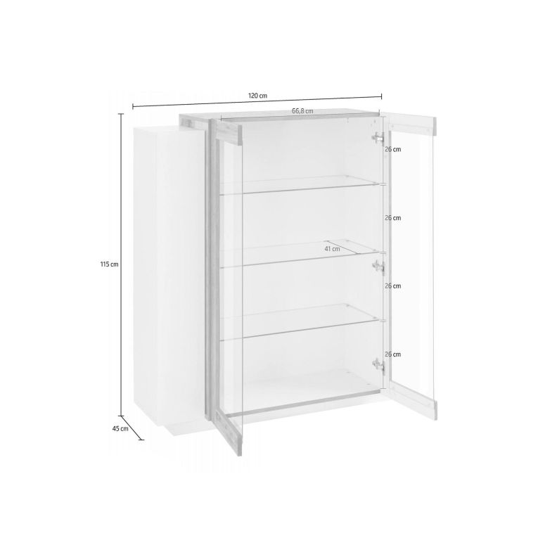 Vetrina Dlamagn, cm 120x45h115, Bianco lucido e Acero
