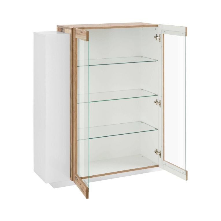 Vetrina Dlamagn, cm 120x45h115, Bianco lucido e Acero
