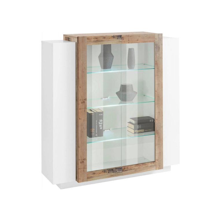 Vetrina Dlamagn, cm 120x45h115, Bianco lucido e Acero
