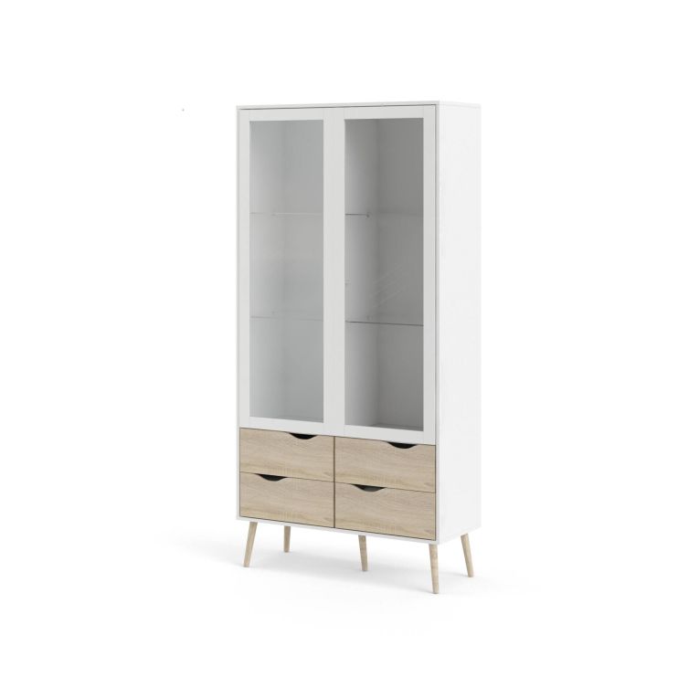 Vetrina Elisabeth, Credenza espositiva, Vetrinetta multiuso, Madia da soggiorno, 98x39 h200 cm, Bianco e Quercia