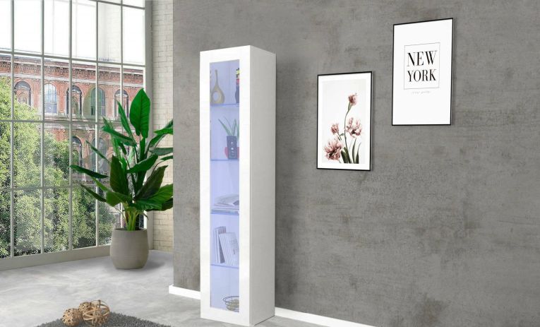 Vetrina Enea, Credenza con ripiani in vetro, Mobile da soggiorno multiuso con luce LED, 100% Made in Italy, cm 40x30h180, Bianco lucido