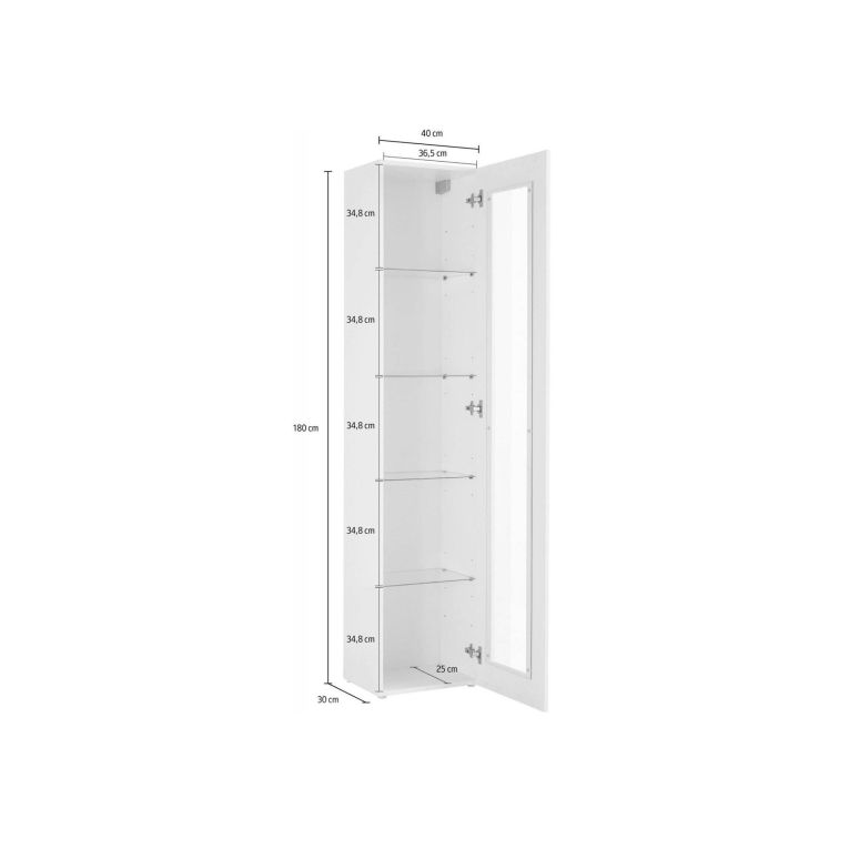 Vetrina Enea, Credenza con ripiani in vetro, Mobile da soggiorno multiuso con luce LED, 100% Made in Italy, cm 40x30h180, Bianco lucido