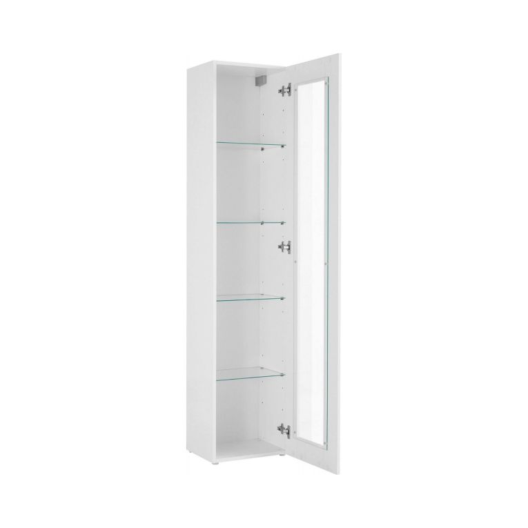 Vetrina Enea, Credenza con ripiani in vetro, Mobile da soggiorno multiuso con luce LED, 100% Made in Italy, cm 40x30h180, Bianco lucido