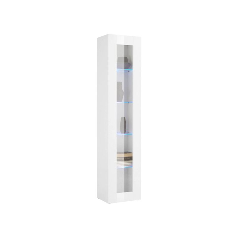 Vetrina Enea, Credenza con ripiani in vetro, Mobile da soggiorno multiuso con luce LED, 100% Made in Italy, cm 40x30h180, Bianco lucido