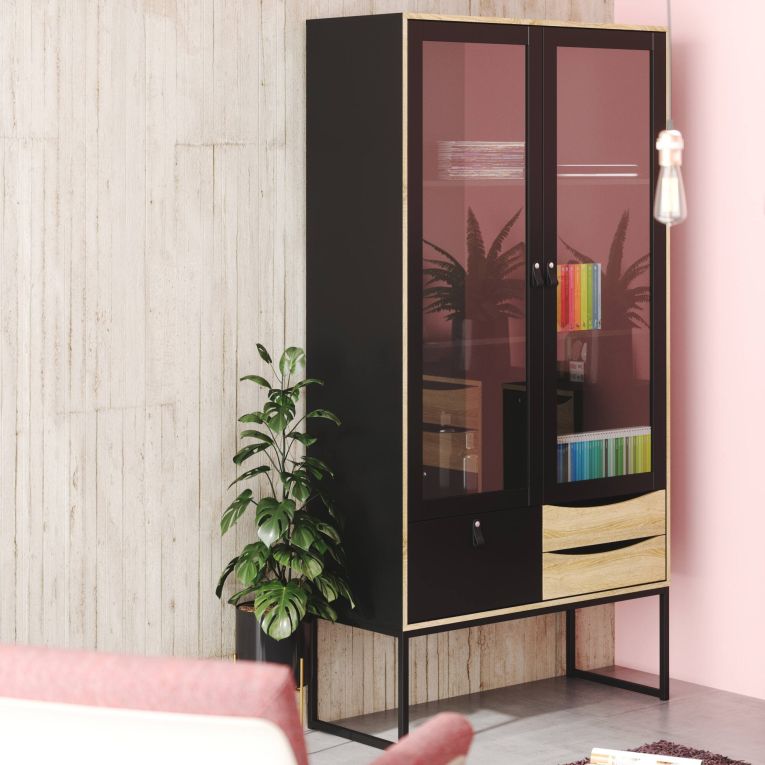 Vetrina Fabiola, Credenza espositiva, Vetrinetta multiuso, Madia da soggiorno, 40x99 h189 cm, Nero e Quercia