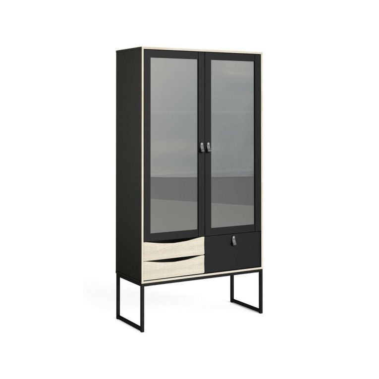Vetrina Fabiola, Credenza espositiva, Vetrinetta multiuso, Madia da soggiorno, 40x99 h189 cm, Nero e Quercia