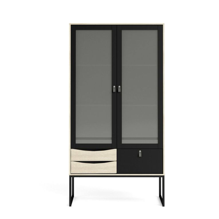 Vetrina Fabiola, Credenza espositiva, Vetrinetta multiuso, Madia da soggiorno, 40x99 h189 cm, Nero e Quercia
