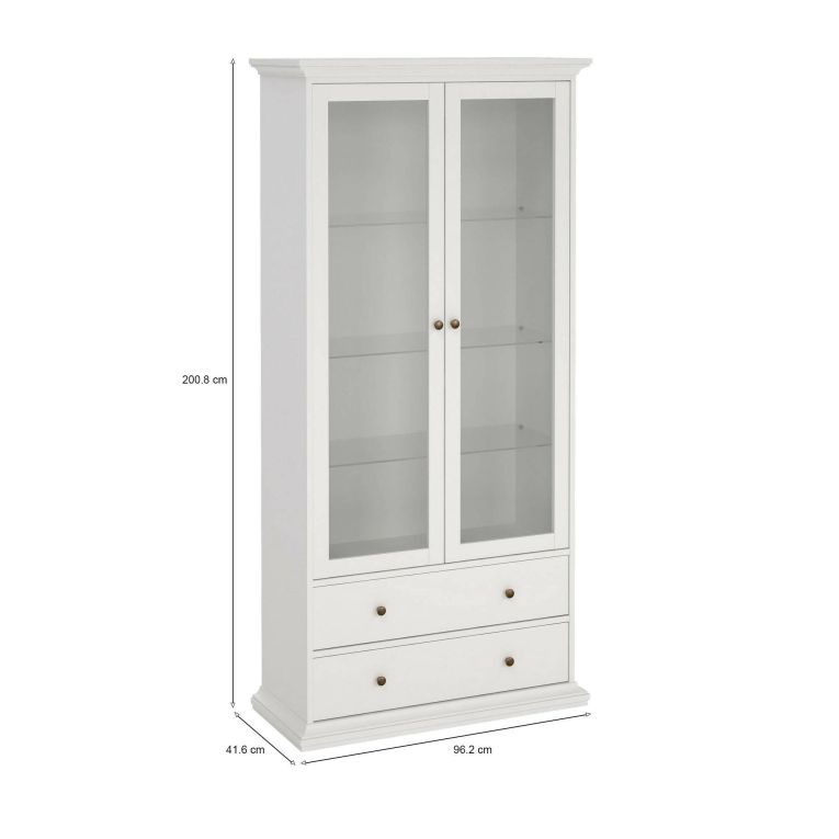 Vetrina Gaetane, Credenza espositiva, Vetrinetta multiuso, Madia da soggiorno, 96x42 h201 cm, Bianco