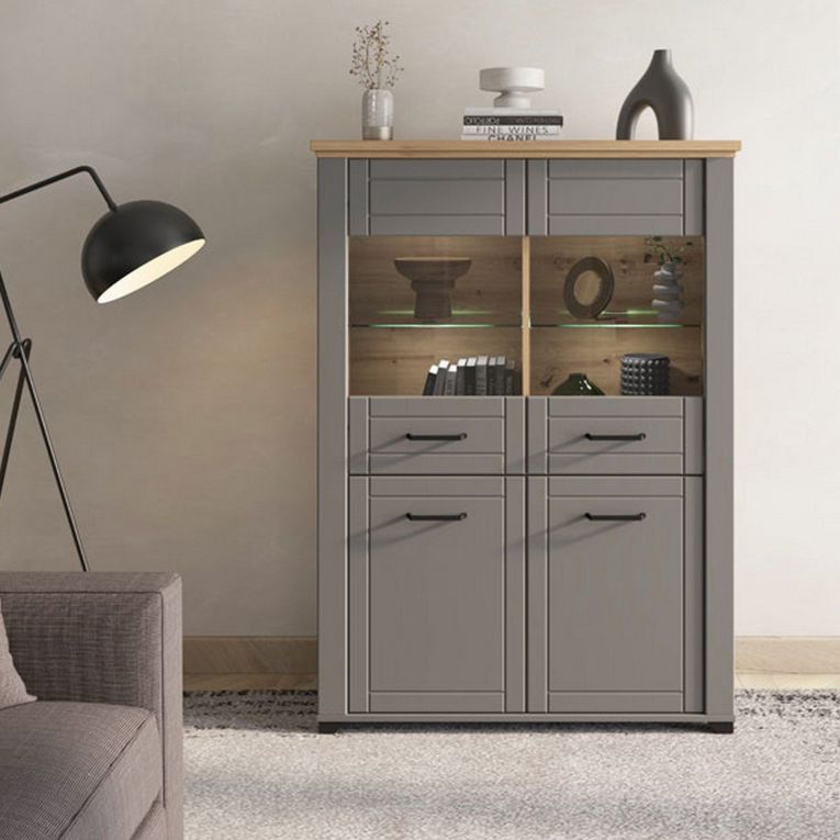 Vetrina Grigio Marrone 6 Ripiani 4 Ante 103.5x41x143h cm, 8 Vani - Sarconi
