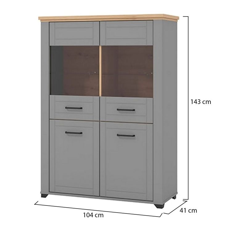Vetrina Grigio Marrone 6 Ripiani 4 Ante 103.5x41x143h cm, 8 Vani - Sarconi
