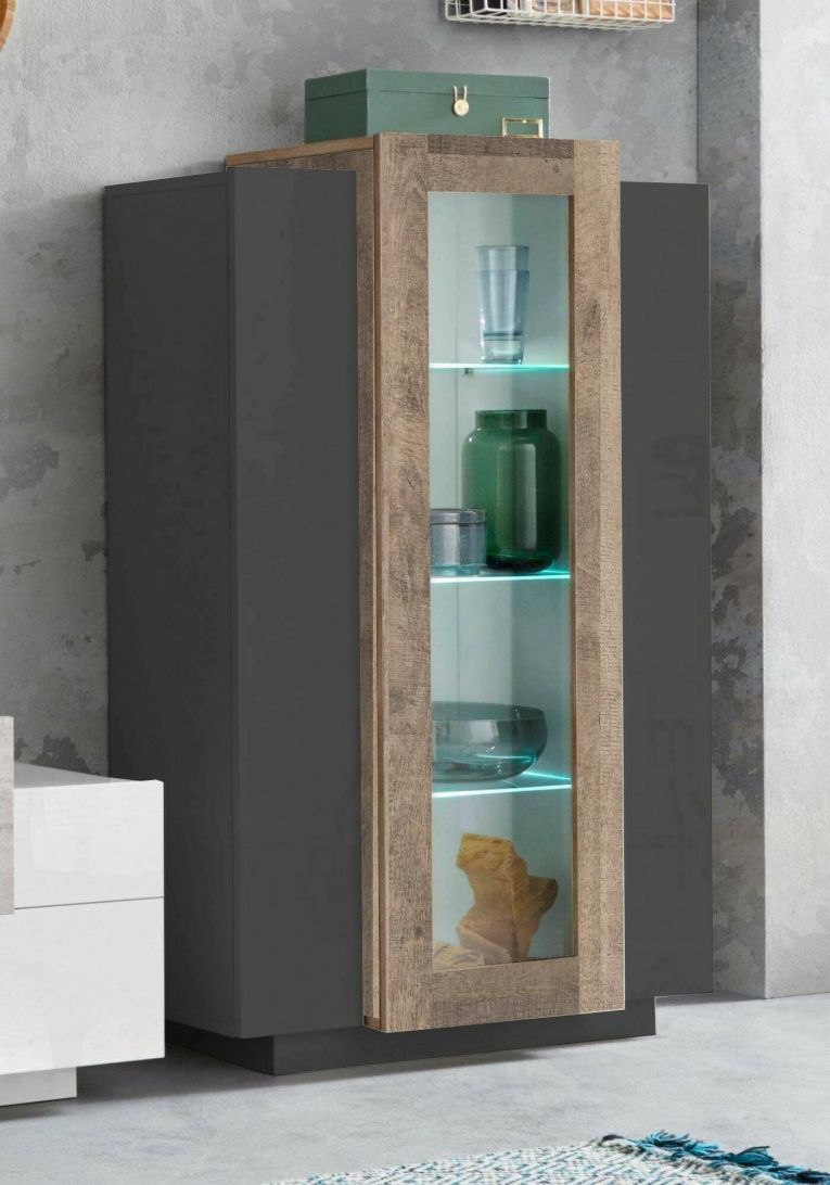 Vetrina Kevin, Credenza con tre ante, Mobile da soggiorno multiuso, 100% Made in Italy, cm 80x38h121, Antracite e Acero