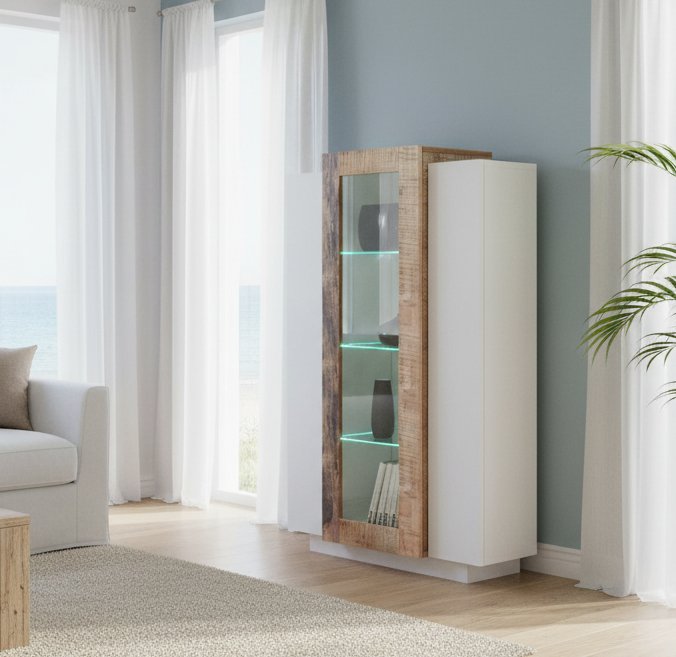Vetrina Kevin, Credenza con tre ante, Mobile da soggiorno multiuso, 100% Made in Italy, cm 80x38h121, Bianco lucido e Acero