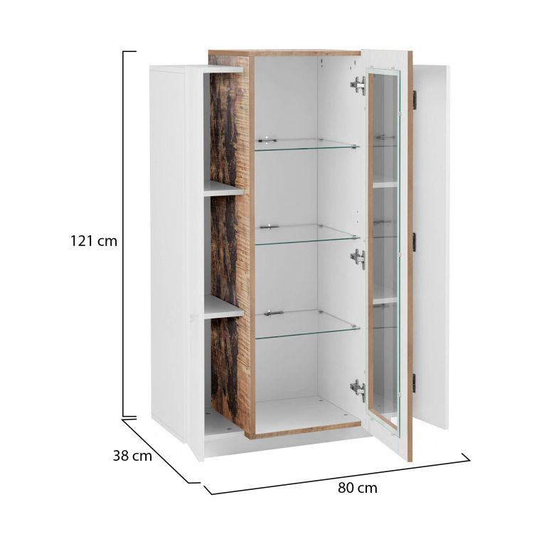 Vetrina Kevin, Credenza con tre ante, Mobile da soggiorno multiuso, 100% Made in Italy, cm 80x38h121, Bianco lucido e Acero