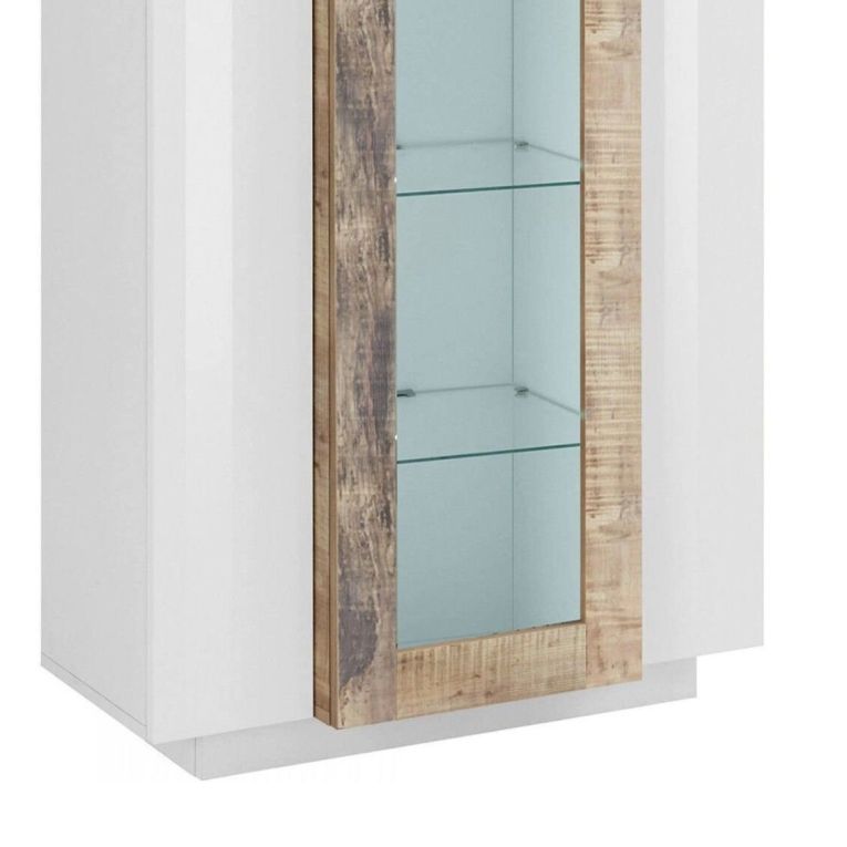 Vetrina Kevin, Credenza con tre ante, Mobile da soggiorno multiuso, 100% Made in Italy, cm 80x38h121, Bianco lucido e Acero