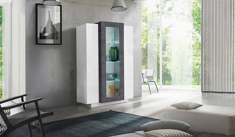 Vetrina Kevin, Credenza con tre ante, Mobile da soggiorno multiuso, 100% Made in Italy, cm 80x38h121, Bianco lucido e Ardesia
