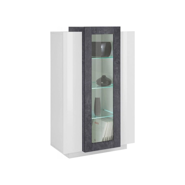 Vetrina Kevin, Credenza con tre ante, Mobile da soggiorno multiuso, 100% Made in Italy, cm 80x38h121, Bianco lucido e Ardesia