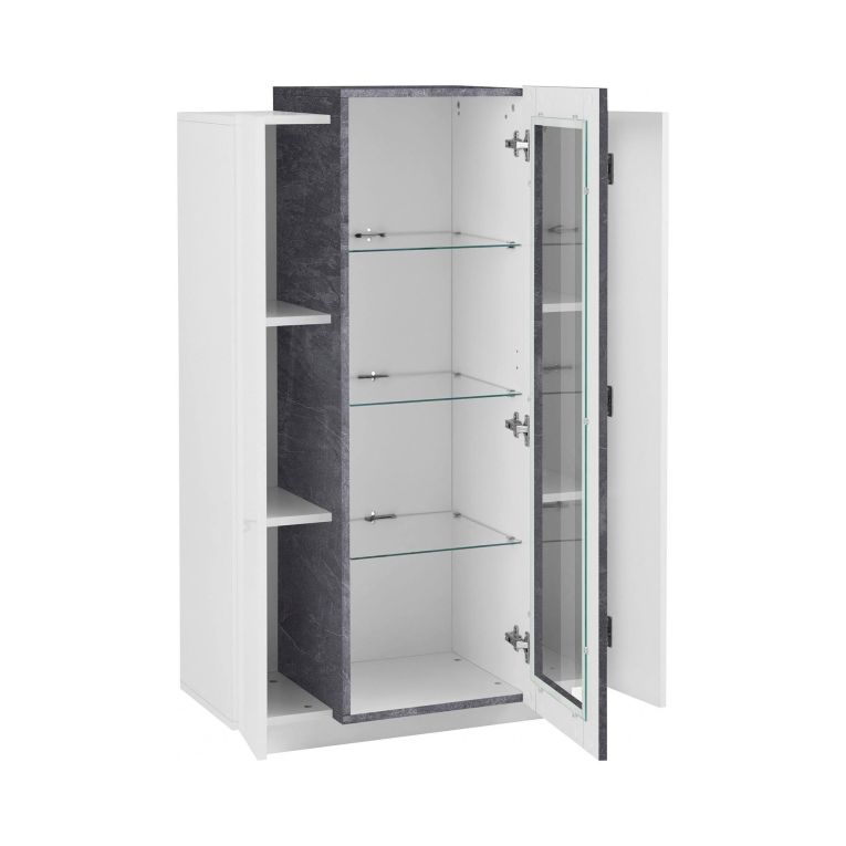 Vetrina Kevin, Credenza con tre ante, Mobile da soggiorno multiuso, 100% Made in Italy, cm 80x38h121, Bianco lucido e Ardesia