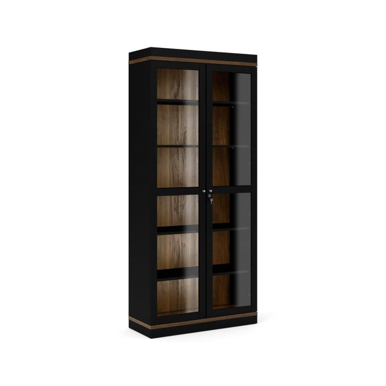 Vetrina Laure, Credenza espositiva, Vetrinetta multiuso, Madia da soggiorno, 89x36 h200 cm, Nero e Noce