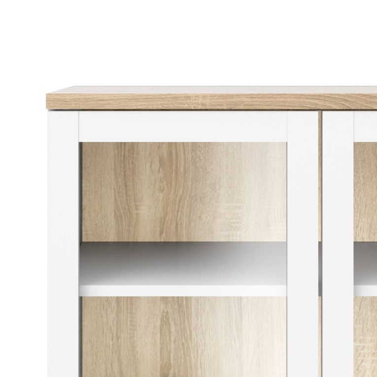 Vetrina Lisanne, Credenza espositiva, Vetrinetta multiuso, Madia da soggiorno, 89x36 h203 cm, Bianco e Quercia