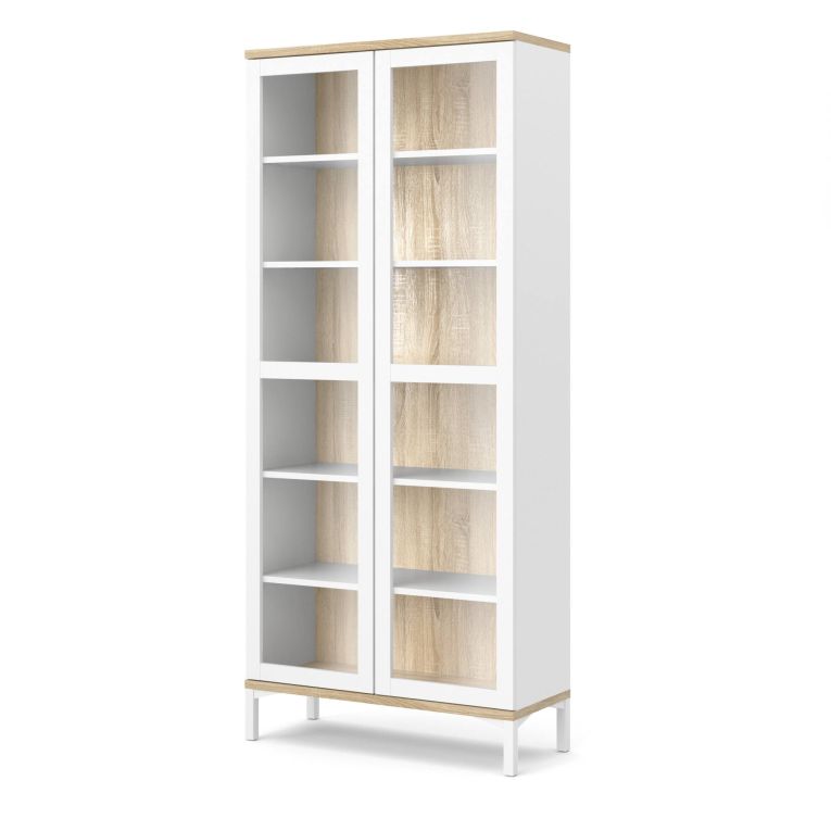 Vetrina Lisanne, Credenza espositiva, Vetrinetta multiuso, Madia da soggiorno, 89x36 h203 cm, Bianco e Quercia