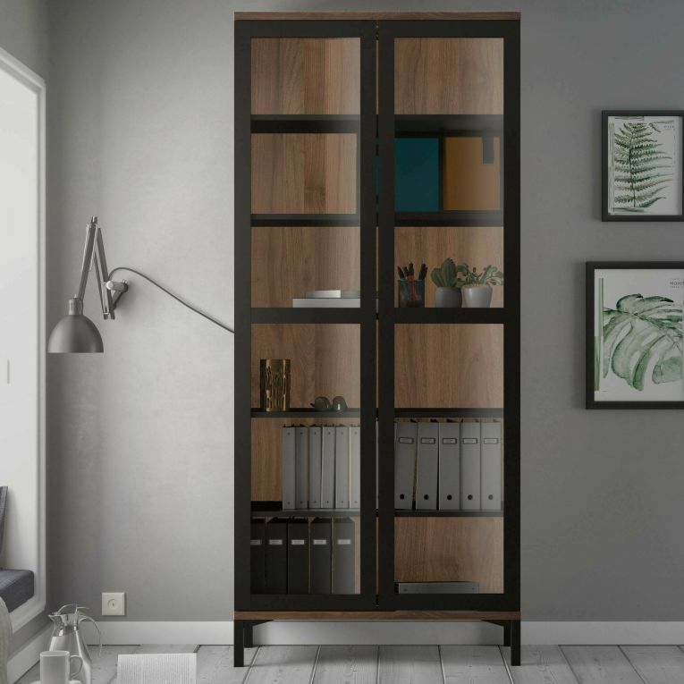 Vetrina Lisanne, Credenza espositiva, Vetrinetta multiuso, Madia da soggiorno, 89x36 h203 cm, Nero e Noce