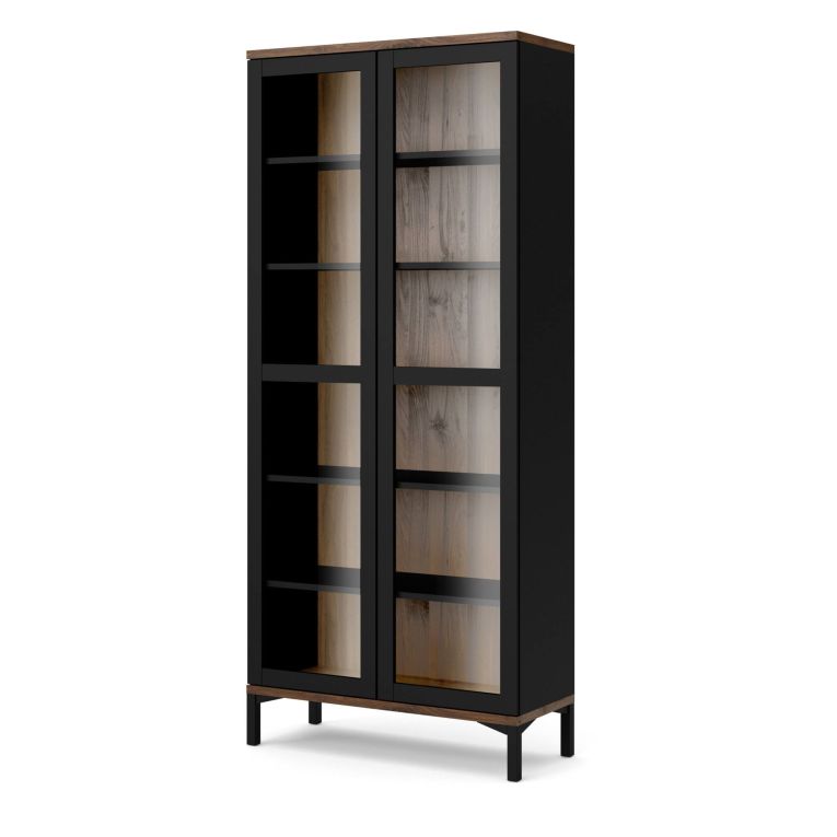 Vetrina Lisanne, Credenza espositiva, Vetrinetta multiuso, Madia da soggiorno, 89x36 h203 cm, Nero e Noce