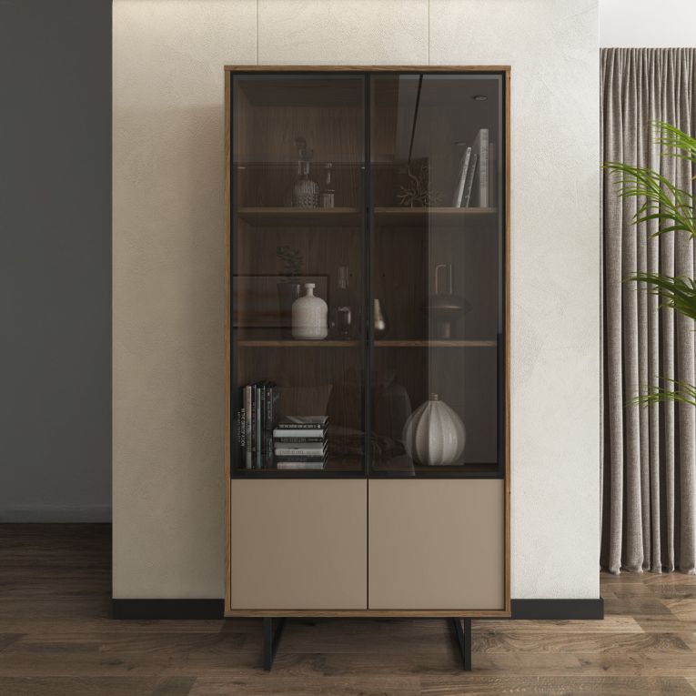 Vetrina Marrone Noce Beige 3 Ripiani 2 Ante 190x40x90h cm, Anta Dettaglio Vetro - Agro