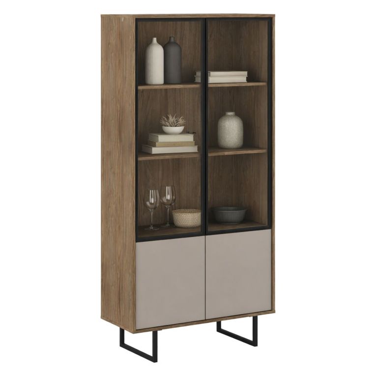 Vetrina Marrone Noce Beige 3 Ripiani 2 Ante 190x40x90h cm, Anta Dettaglio Vetro - Agro