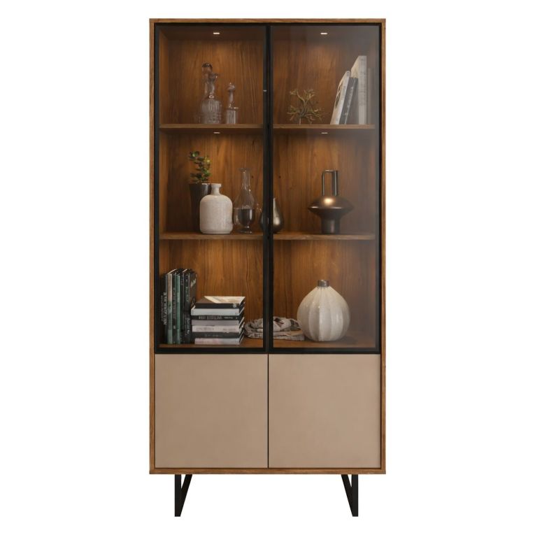 Vetrina Marrone Noce Beige 3 Ripiani 2 Ante 190x40x90h cm, Anta Dettaglio Vetro, con Luci led - Agro