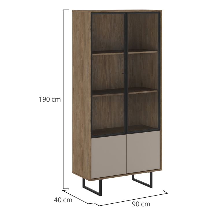 Vetrina Marrone Noce Beige 3 Ripiani 2 Ante 190x40x90h cm, Anta Dettaglio Vetro, con Luci led - Agro