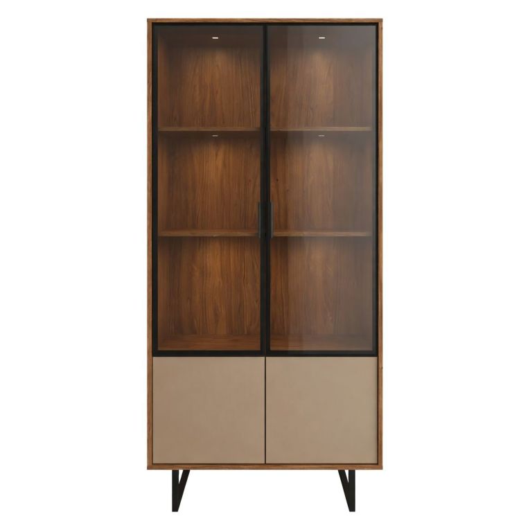 Vetrina Marrone Noce Beige 3 Ripiani 2 Ante 190x40x90h cm, Anta Dettaglio Vetro, con Luci led - Agro