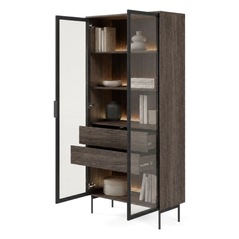 Vetrina Marrone Noce Trasparente 4 Ripiani 2 Cassetti 92x39x195h cm, 2 Ante - Lafafasa