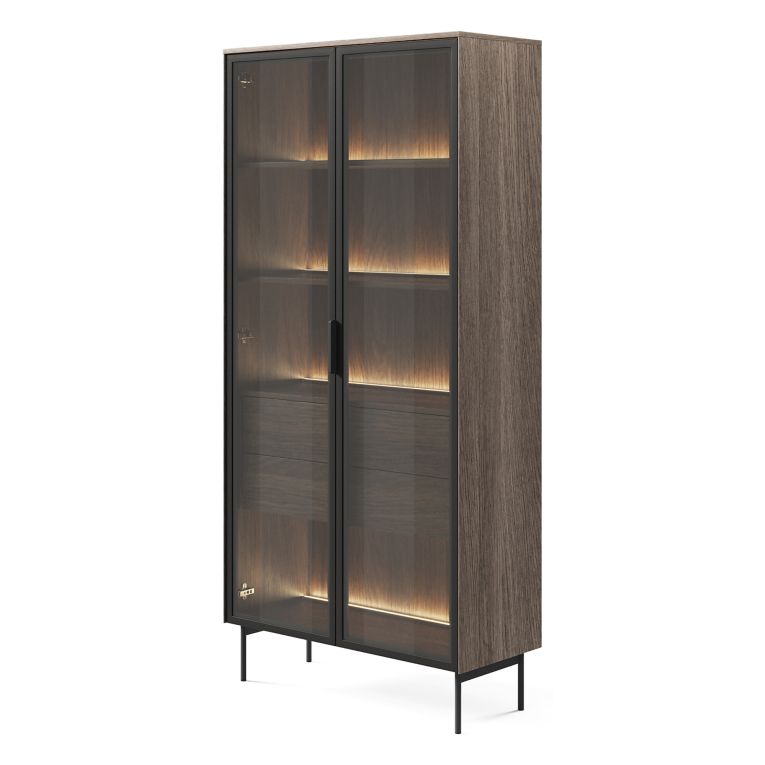 Vetrina Marrone Noce Trasparente 4 Ripiani 2 Cassetti 92x39x195h cm, 2 Ante - Lafafasa