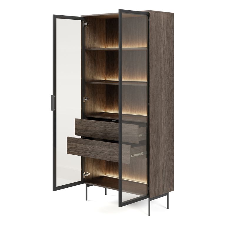 Vetrina Marrone Noce Trasparente 4 Ripiani 2 Cassetti 92x39x195h cm, 2 Ante - Lafafasa