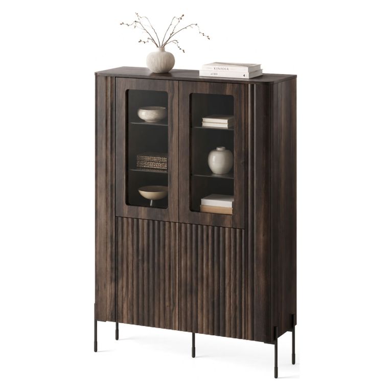 Vetrina Marrone Noce Trasparente 8 Ripiani 2 Ante 110x40x160h cm, Ante Effetto Rigato - Cimino