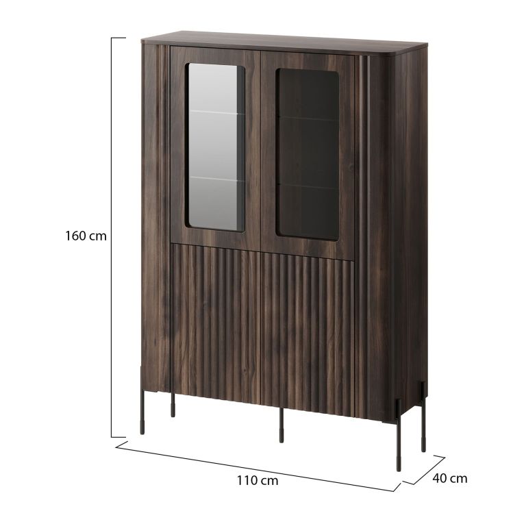 Vetrina Marrone Noce Trasparente 8 Ripiani 2 Ante 110x40x160h cm, Ante Effetto Rigato - Cimino
