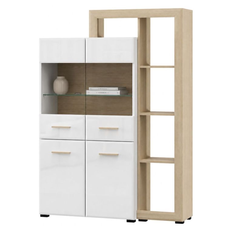 Vetrina Marrone Rovere Bianco Opaco 3 Ripiani 4 Ante 113x35x157h cm, con Piedini, Anta e Ripiano Dettaglio Vetro - Niel