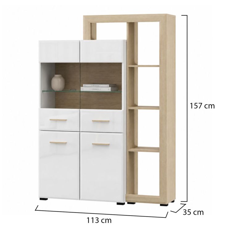 Vetrina Marrone Rovere Bianco Opaco 3 Ripiani 4 Ante 113x35x157h cm, con Piedini, Anta e Ripiano Dettaglio Vetro - Niel