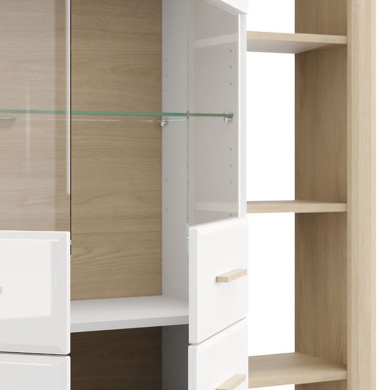 Vetrina Marrone Rovere Bianco Opaco 3 Ripiani 4 Ante 113x35x157h cm, con Piedini, Anta e Ripiano Dettaglio Vetro - Niel