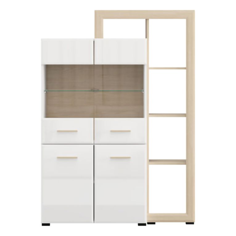 Vetrina Marrone Rovere Bianco Opaco 3 Ripiani 4 Ante 113x35x157h cm, con Piedini, Anta e Ripiano Dettaglio Vetro - Niel