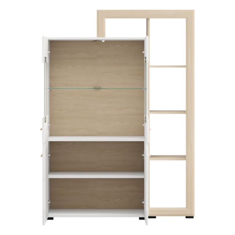 Vetrina Marrone Rovere Bianco Opaco 3 Ripiani 4 Ante 113x35x157h cm, con Piedini, Anta e Ripiano Dettaglio Vetro - Niel