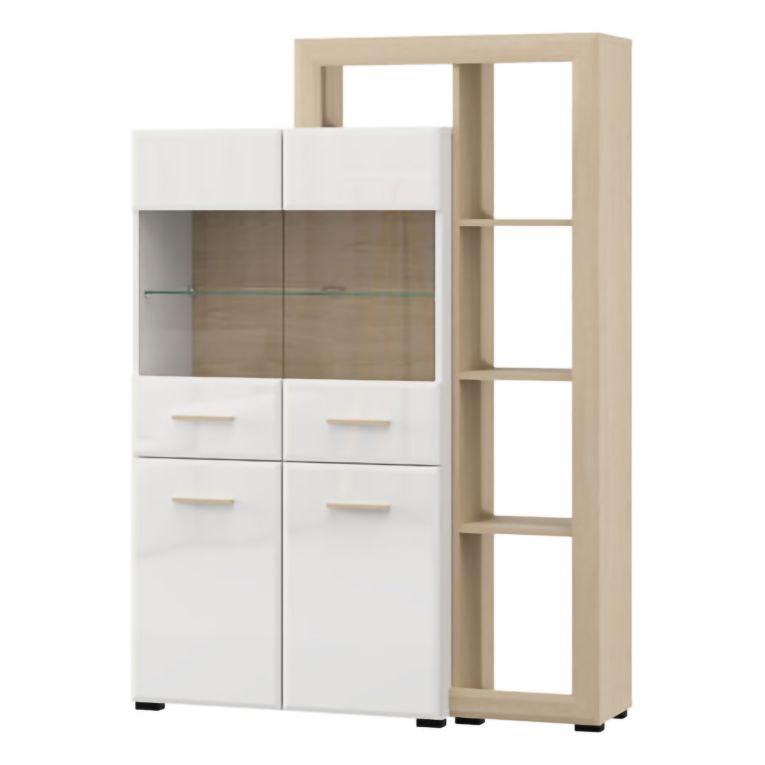 Vetrina Marrone Rovere Bianco Opaco 3 Ripiani 4 Ante 113x35x157h cm, con Piedini, Anta e Ripiano Dettaglio Vetro - Niel