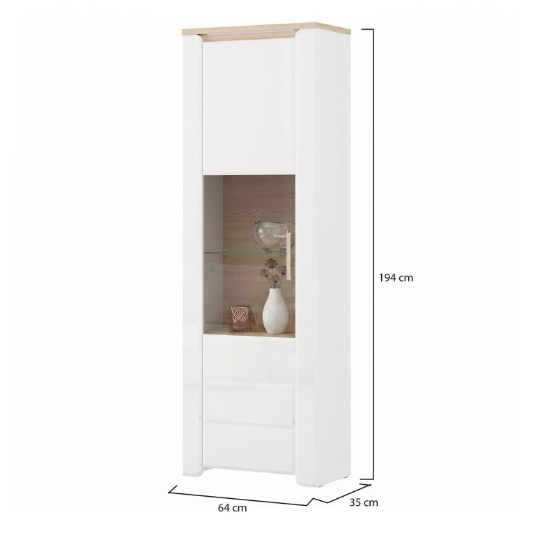 Vetrina Marrone Rovere Bianco Opaco 5 Ripiani Un'anta 64x35x194h cm, Anta e Ripiano Dettaglio Vetro - Cibiana