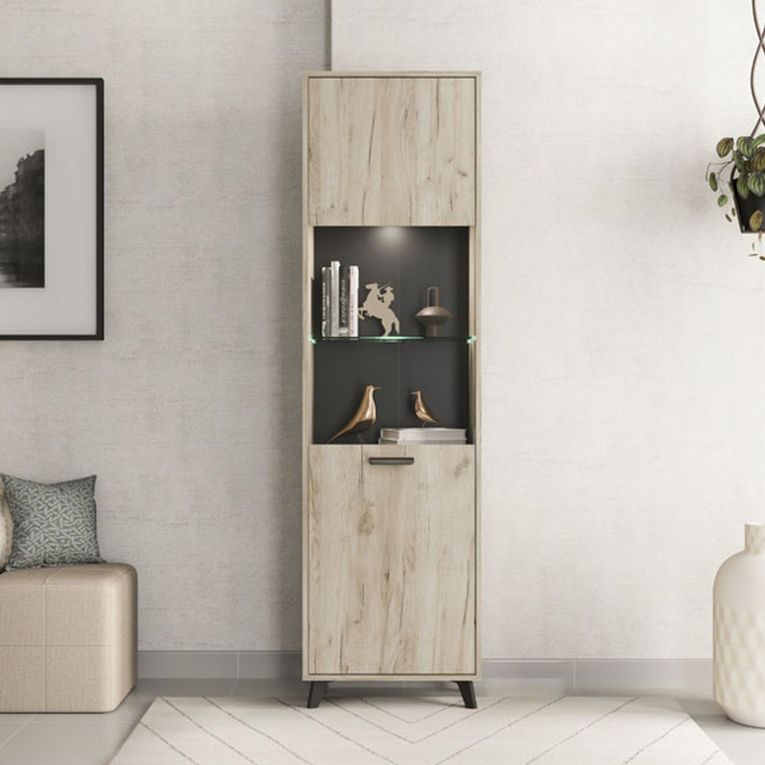 Vetrina Marrone Rovere Chiaro Nero 4 Ripiani Apertura Battente 53.5x33x191.5h cm, Un'anta - Raggiolo
