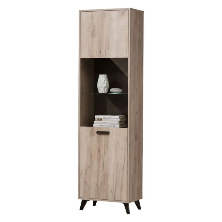 Vetrina Marrone Rovere Chiaro Nero 4 Ripiani Apertura Battente 53.5x33x191.5h cm, Un'anta - Raggiolo