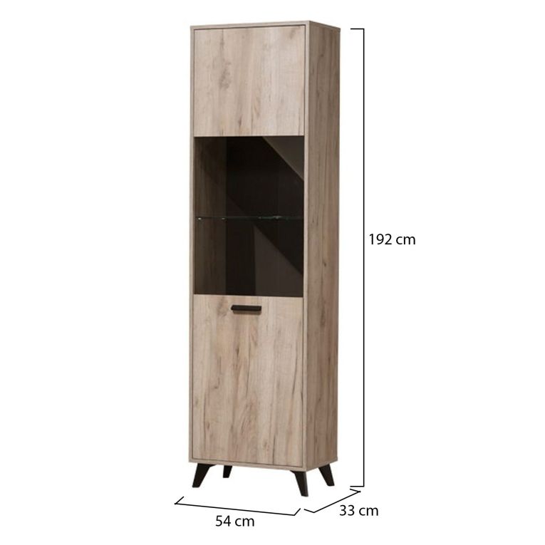 Vetrina Marrone Rovere Chiaro Nero 4 Ripiani Apertura Battente 53.5x33x191.5h cm, Un'anta - Raggiolo