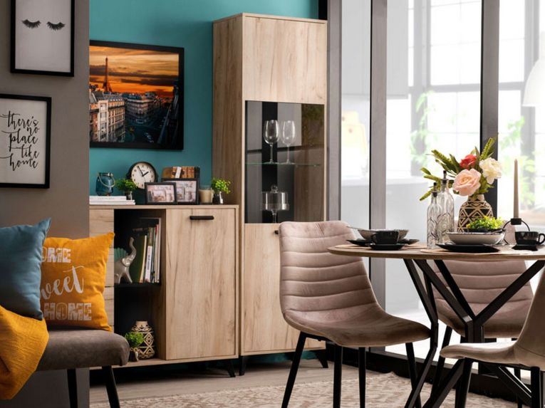 Vetrina Marrone Rovere Chiaro Nero 4 Ripiani Apertura Battente 53.5x33x191.5h cm, Un'anta - Raggiolo