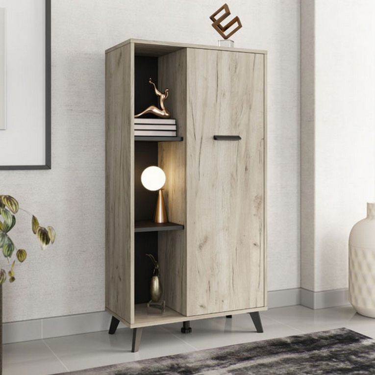Vetrina Marrone Rovere Chiaro Nero 4 Ripiani Un'anta 67.5x33x130.5h cm, 6 Vani - Dolzago