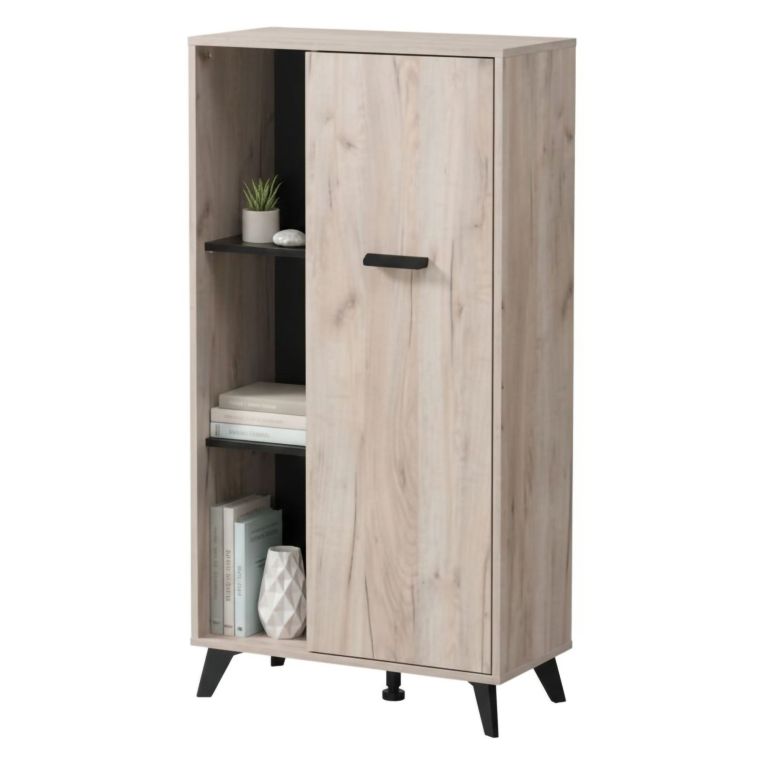 Vetrina Marrone Rovere Chiaro Nero 4 Ripiani Un'anta 67.5x33x130.5h cm, 6 Vani - Dolzago